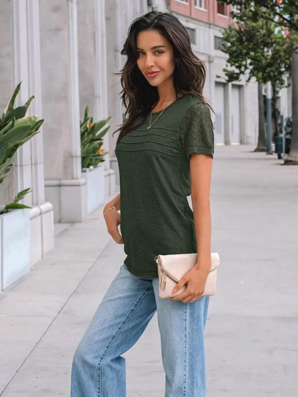 Women's T Shirt Green Short Sleeve Dressy Lace Summer Casual Work Outfit Blouses - Picture 3 of 5